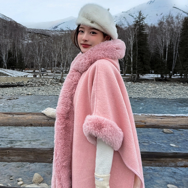浪莎 氛围感纯色连帽斗篷披肩女生冬季加厚保暖外套加绒加大毛领连帽披风 披肩 女款