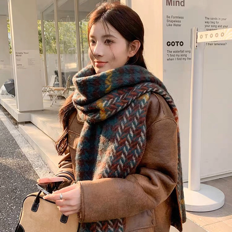 浪莎 撞色保暖经典千鸟格复古韩版百搭气质两用 心动礼盒装 聚酯纤维 绒线围巾 男女同款情侣款