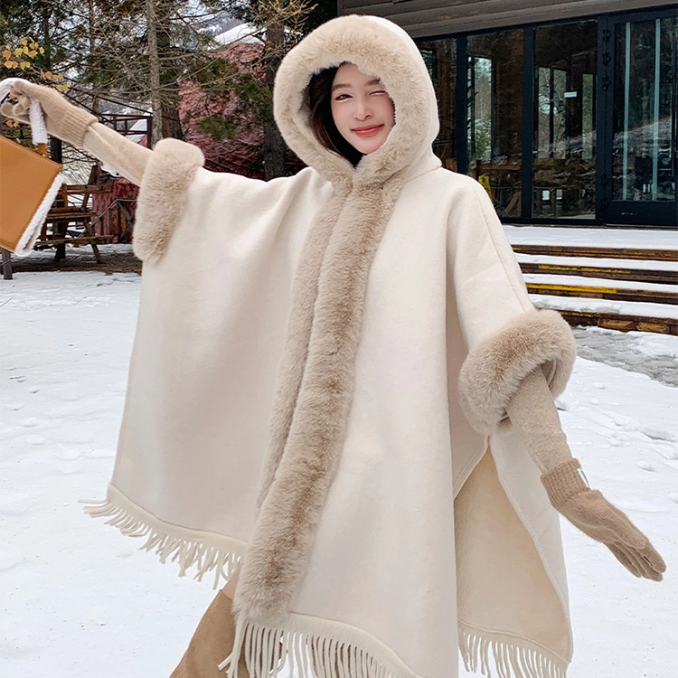 浪莎 氛围感纯色连帽斗篷披肩女生冬季加厚保暖外套加绒加大毛领连帽披风 披肩 女款