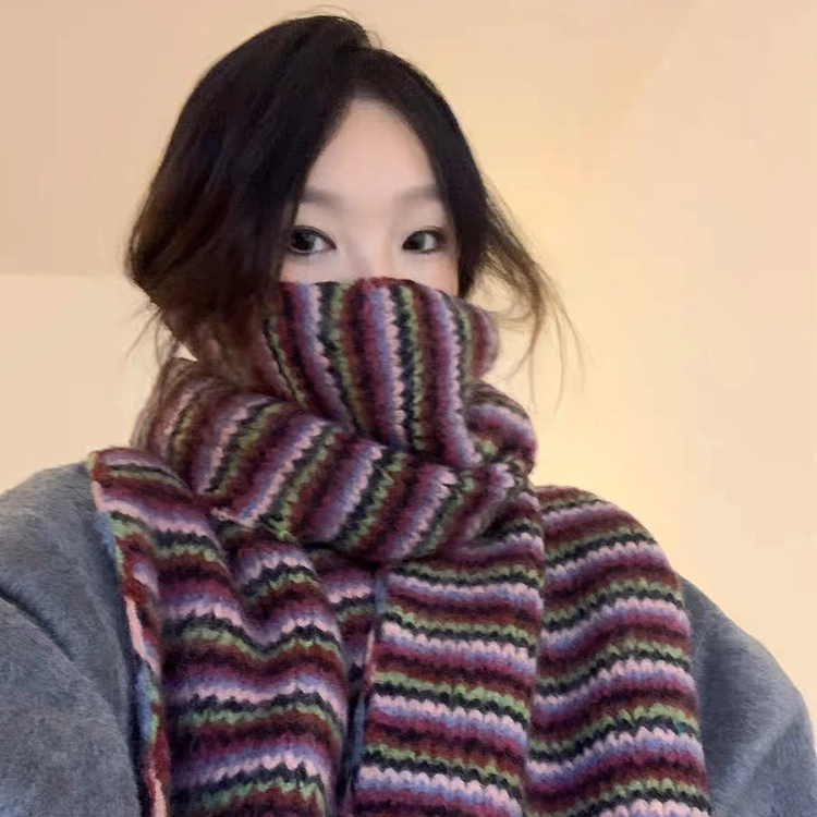 【百搭撞色】 浪莎 冬季文艺风多巴胺复古条纹双色流苏羊毛混纺围巾百搭保暖针织毛线围脖 男女同款情侣款 绒线围巾 男女同款情侣款