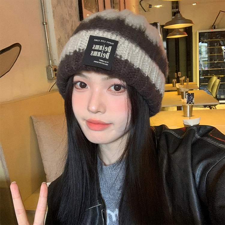 浪莎 冬季大头围显脸小保暖针织帽男女情侣款双色拼接针织简约个性毛线堆堆帽 腈纶 绒线帽 女款