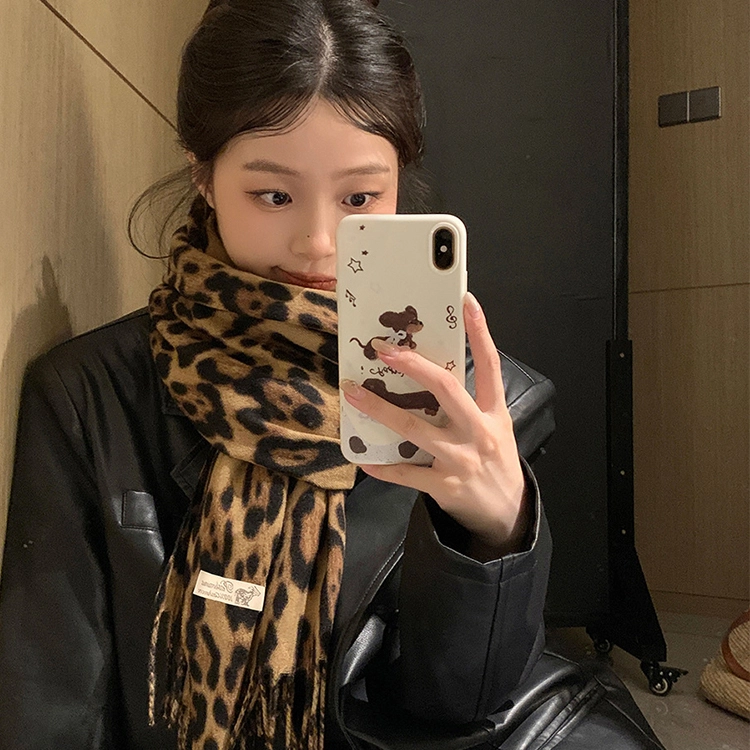 浪莎 甜酷风复古豹纹流苏绒线围巾男女情侣款千禧辣妹风秋冬加厚保暖披肩围脖 礼盒装 绒线围巾 男女同款情侣款
