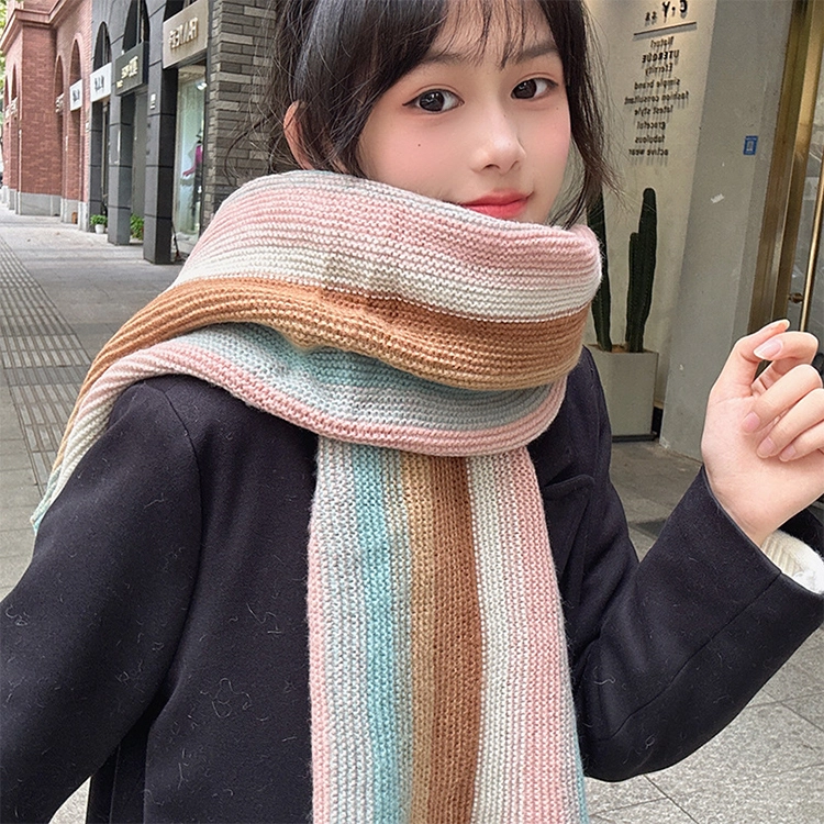 【个性撞色】 浪莎 彩虹岛屿氛围感针织撞色围巾冬季保暖加厚百搭毛线围脖加厚 男女同款情侣款 绒线围巾 男女同款情侣款
