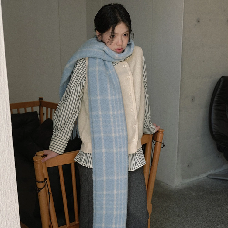 浪莎 韩版圈圈纱复古蓝红色格纹马海毛秋冬季氛围感加大加厚披肩围脖 礼盒装 绒线围巾 男女同款情侣款