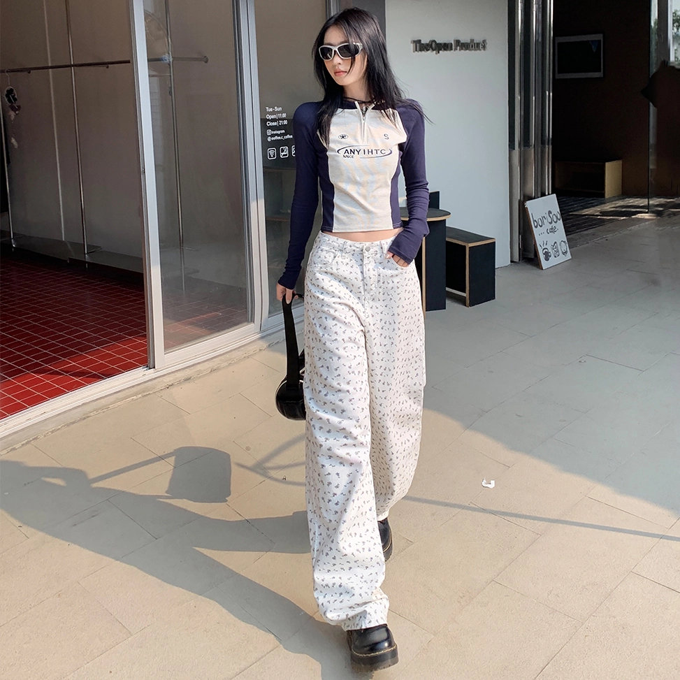 玉儿恋 韩版印花复古碎花小众设计感宽松百搭阔腿垂感直筒高腰拉链韩系窄版显瘦减龄牛仔裤 女款 白色