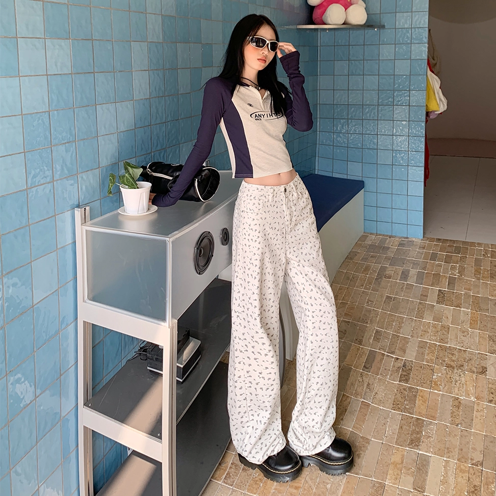 玉儿恋 韩版印花复古碎花小众设计感宽松百搭阔腿垂感直筒高腰拉链韩系窄版显瘦减龄牛仔裤 女款 白色