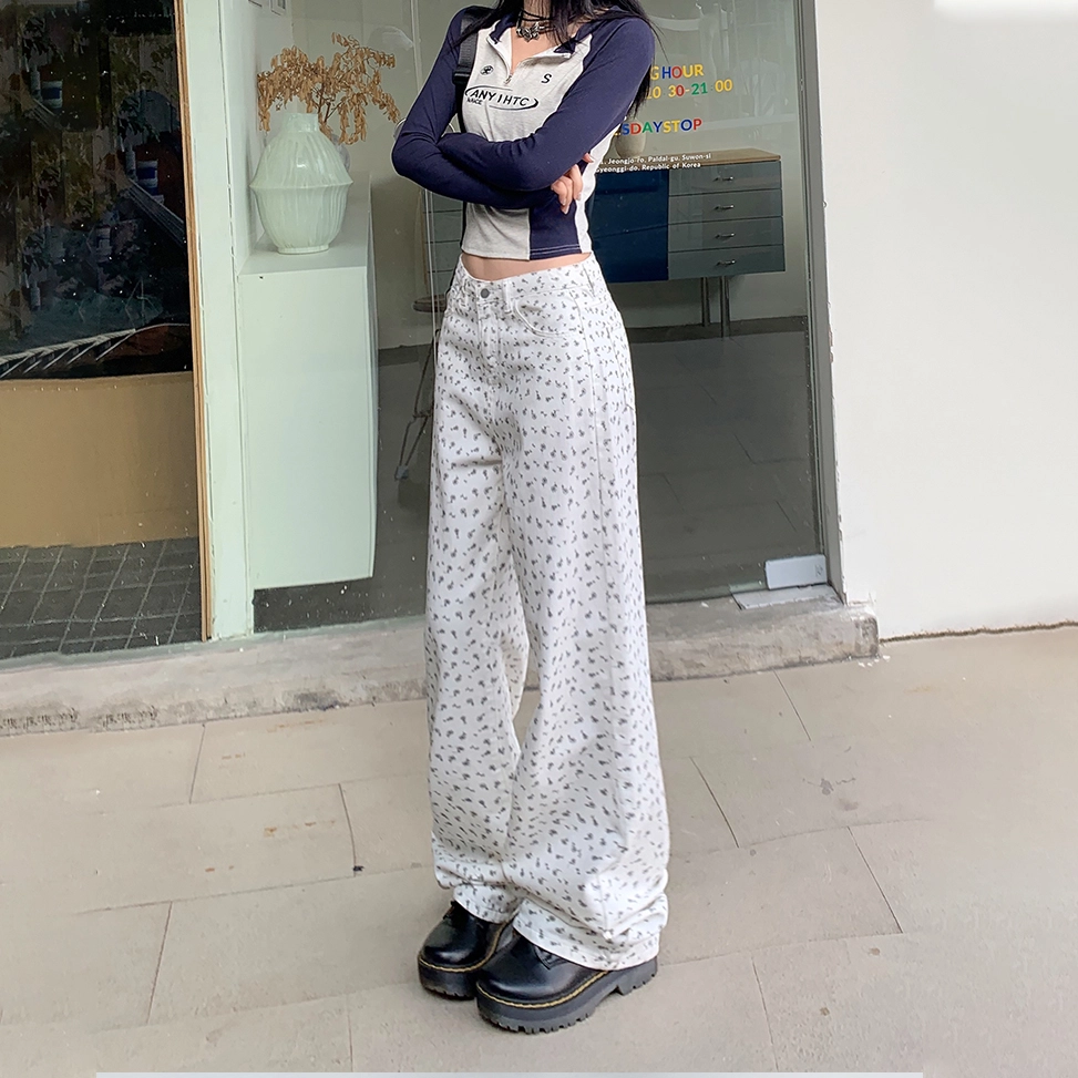 玉儿恋 韩版印花复古碎花小众设计感宽松百搭阔腿垂感直筒高腰拉链韩系窄版显瘦减龄牛仔裤 女款 白色