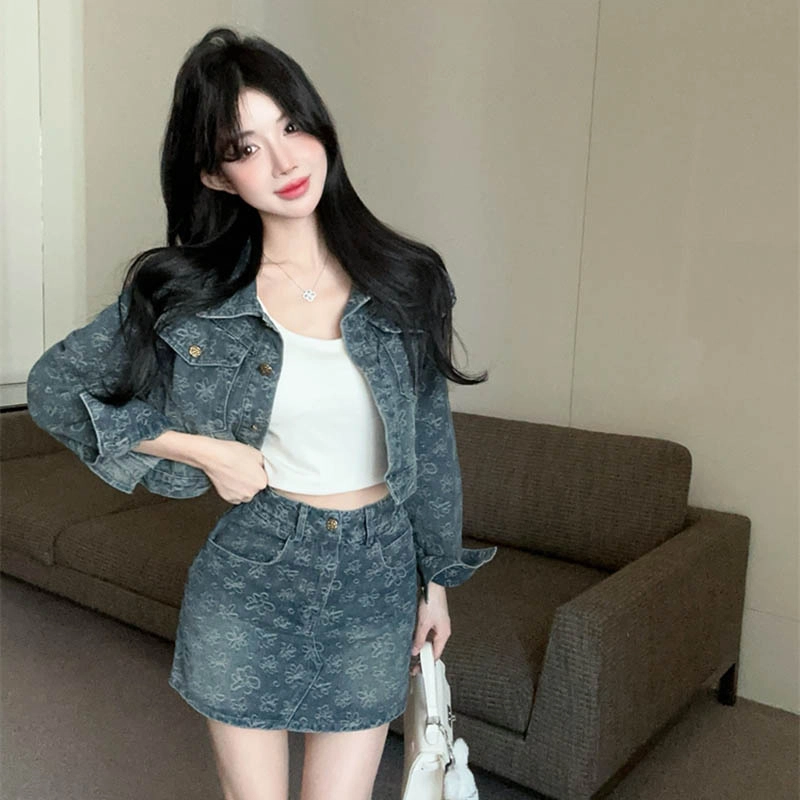 珠蒂美 浮花梦影初秋洗水外套提花工艺半裙裙装套装 女款