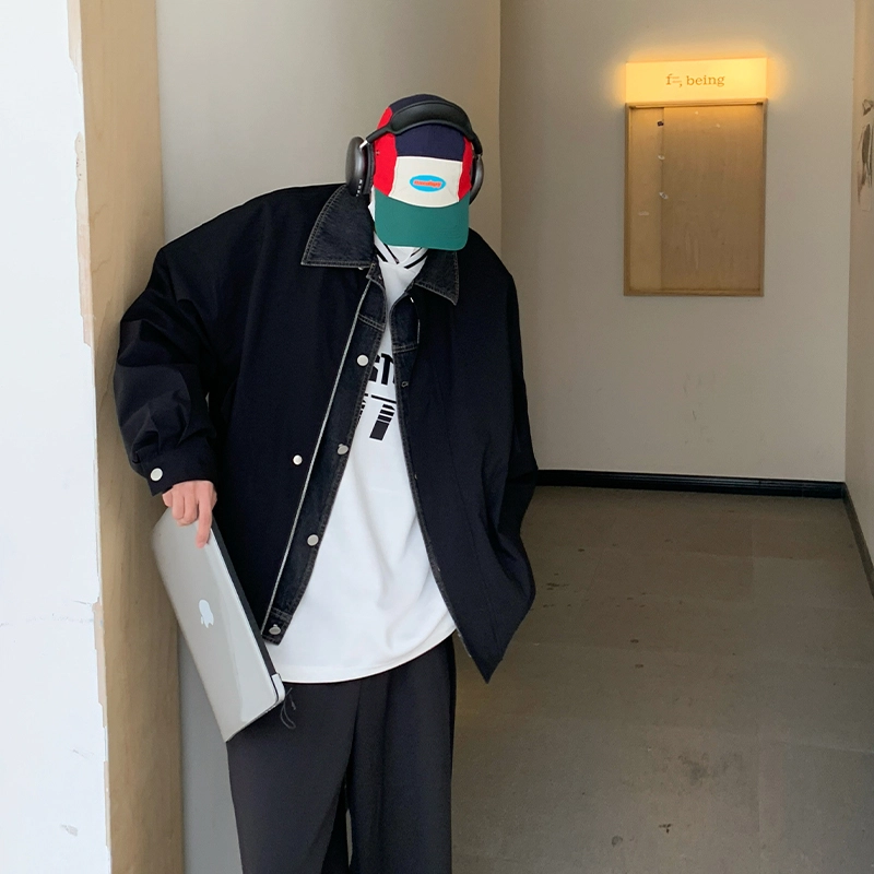 韩版潮牌高街复古假两件工装嘻哈痞帅风单排扣落肩宽松百搭休闲舒适翻领长袖夹克外套 男女同款
