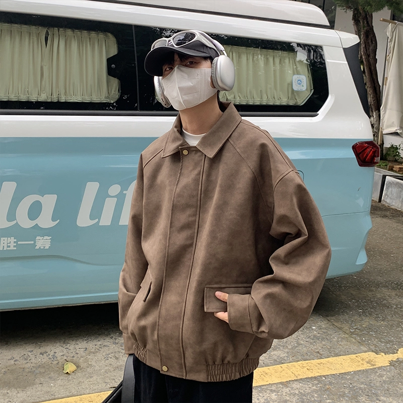 美式复古宽松潮流翻领做旧夹克外套皮衣 男女同款