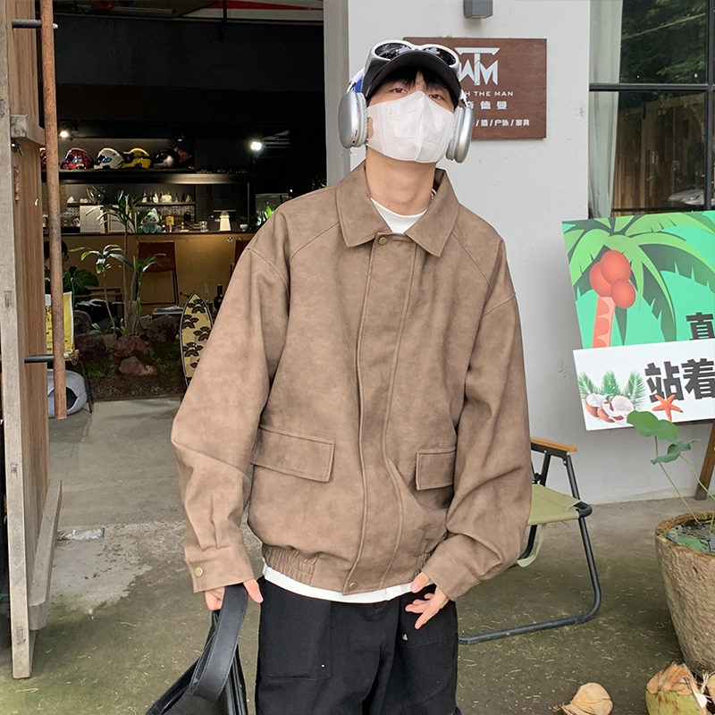 美式复古宽松潮流翻领做旧夹克外套皮衣 男女同款