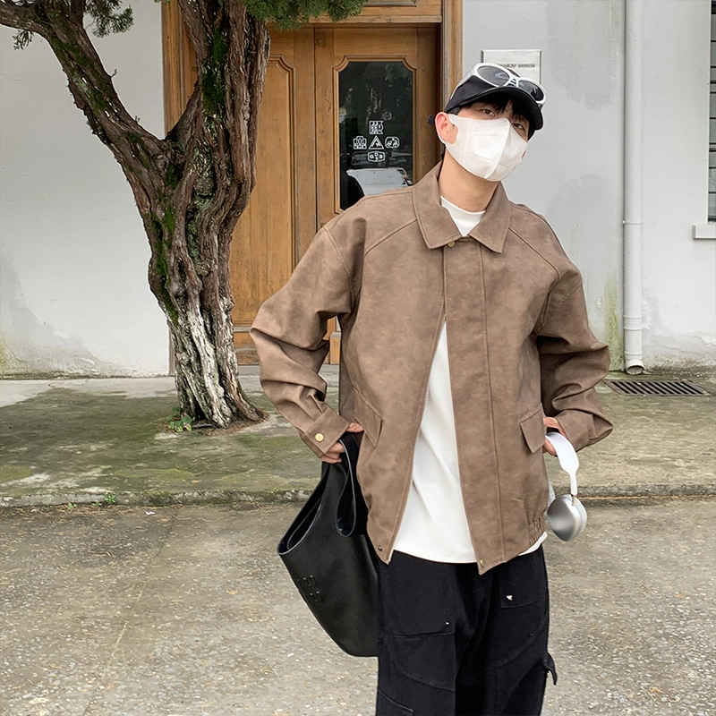 美式复古宽松潮流翻领做旧夹克外套皮衣 男女同款