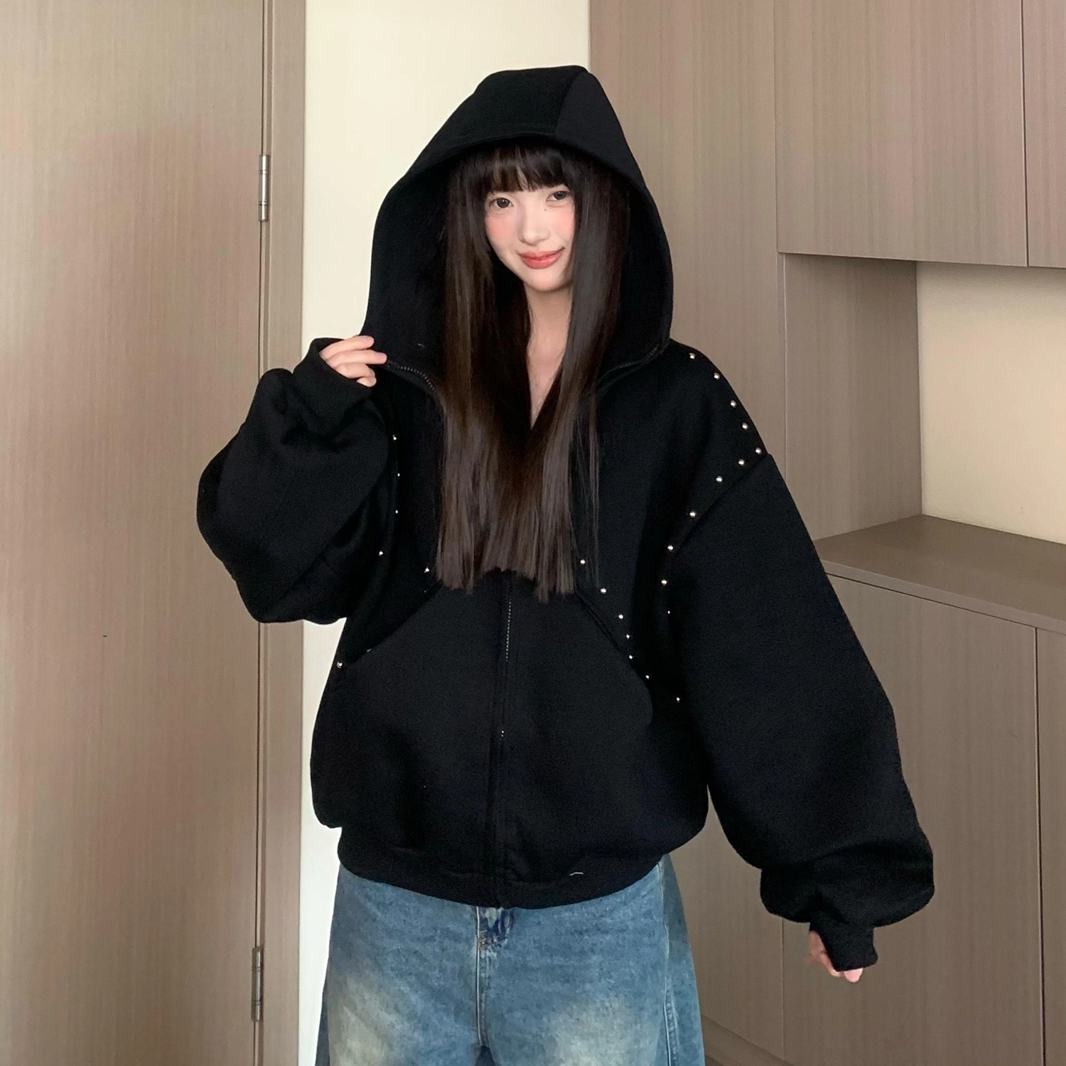 零氏 美式高街杜宾犬耳朵铆钉宽松慵懒风纯色简约情侣连帽短款外套卫衣 男女同款