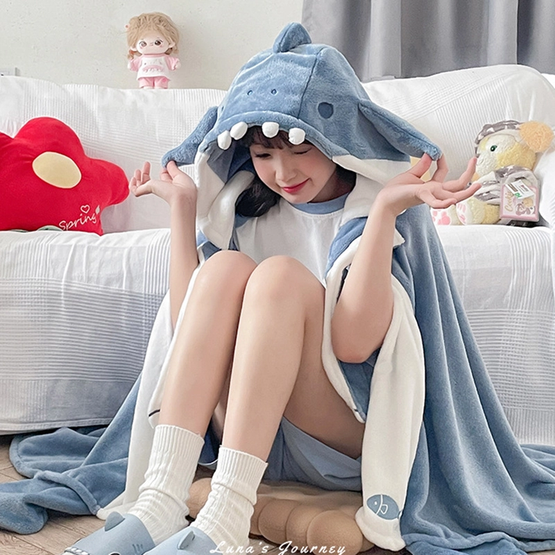 秀黛 披肩斗篷式连可爱居家服睡袍 女款 蓝白色