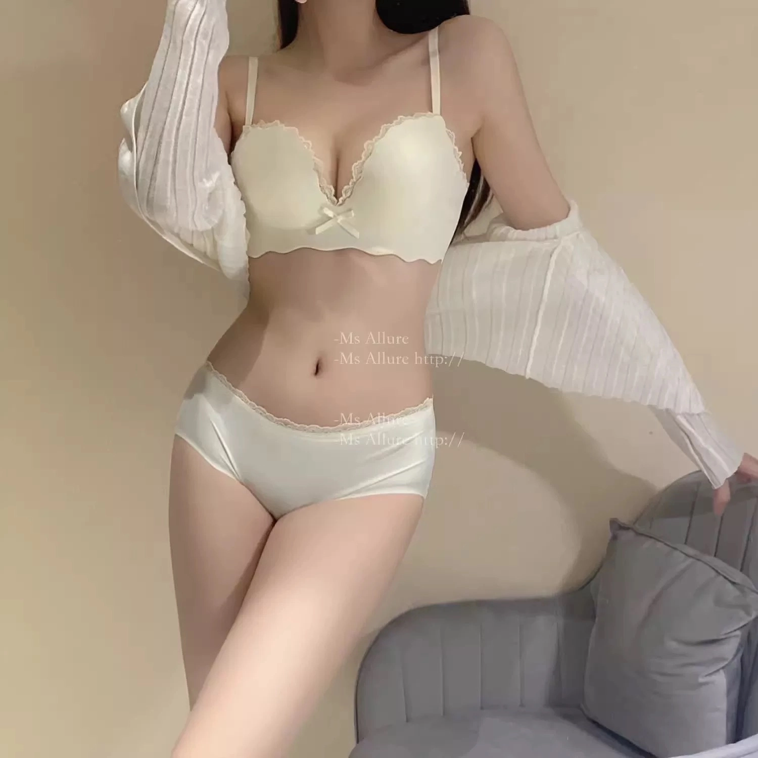 秀黛 韩系甜美一片式无痕聚拢显大无钢圈蕾丝内衣裤套装 女款