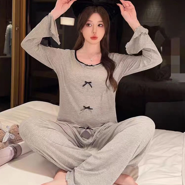 秀黛 简约休闲蝴蝶结亲肤舒适圆领袖口开叉长袖上衣可外穿休闲长裤睡衣套装 女款 灰色