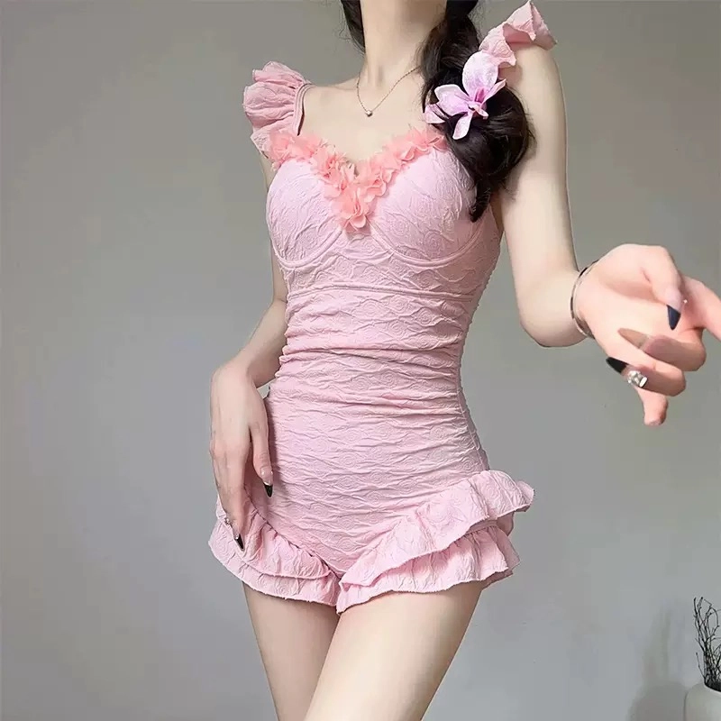 秀黛 多巴胺 纯欲风辣妹甜妹简约保守 聚拢遮肚遮肉显瘦小胸显大高级感度假温泉炸街海边沙滩纯色吊带修身甜美连体衣 女款