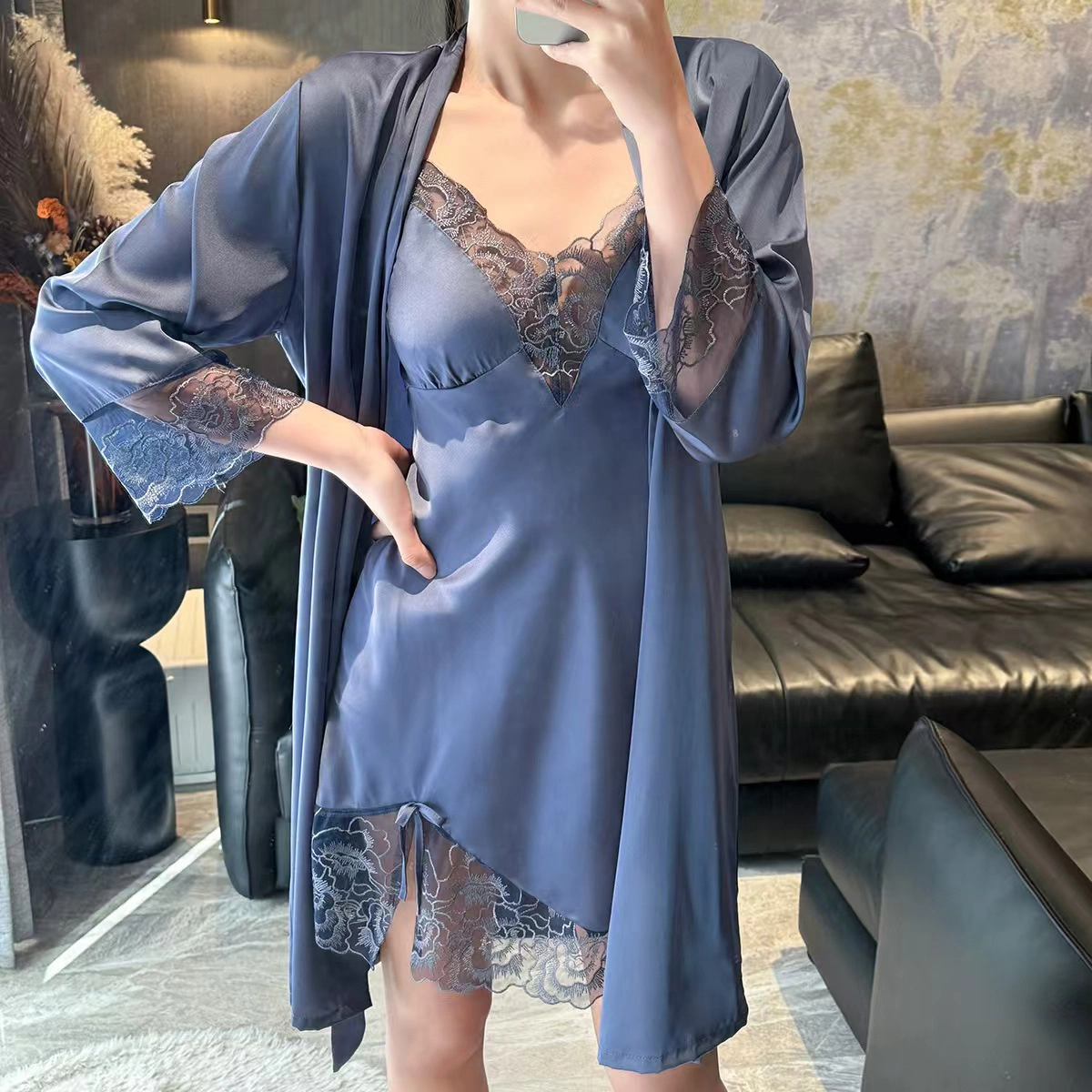 秀黛 性感蕾丝开叉吊带裙可外穿睡袍春秋睡衣套装 女款