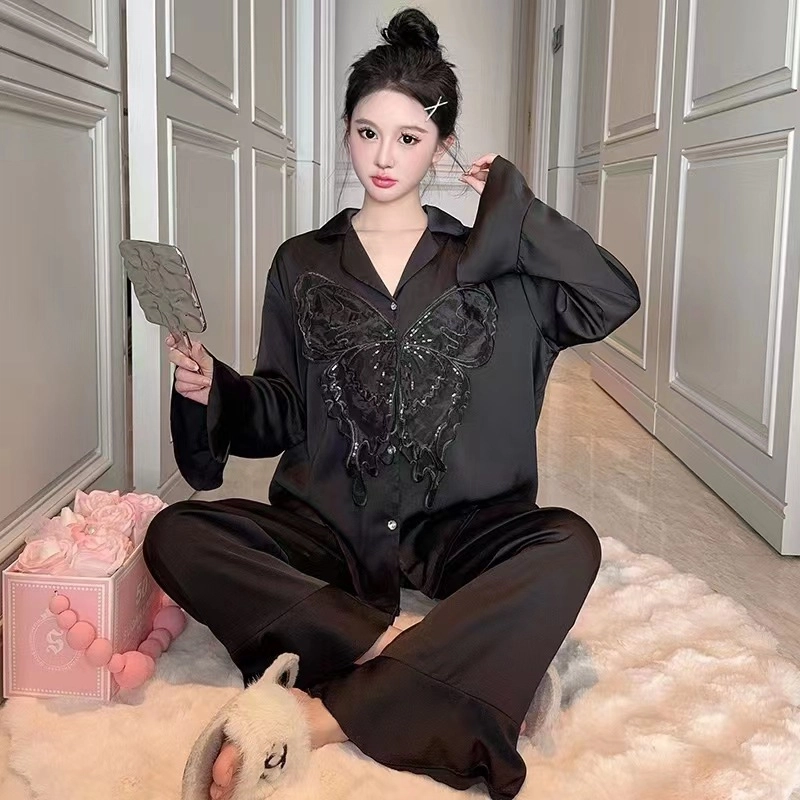 秀黛 甜美纯欲蝴蝶可外穿长袖长裤气质睡衣套装 女款