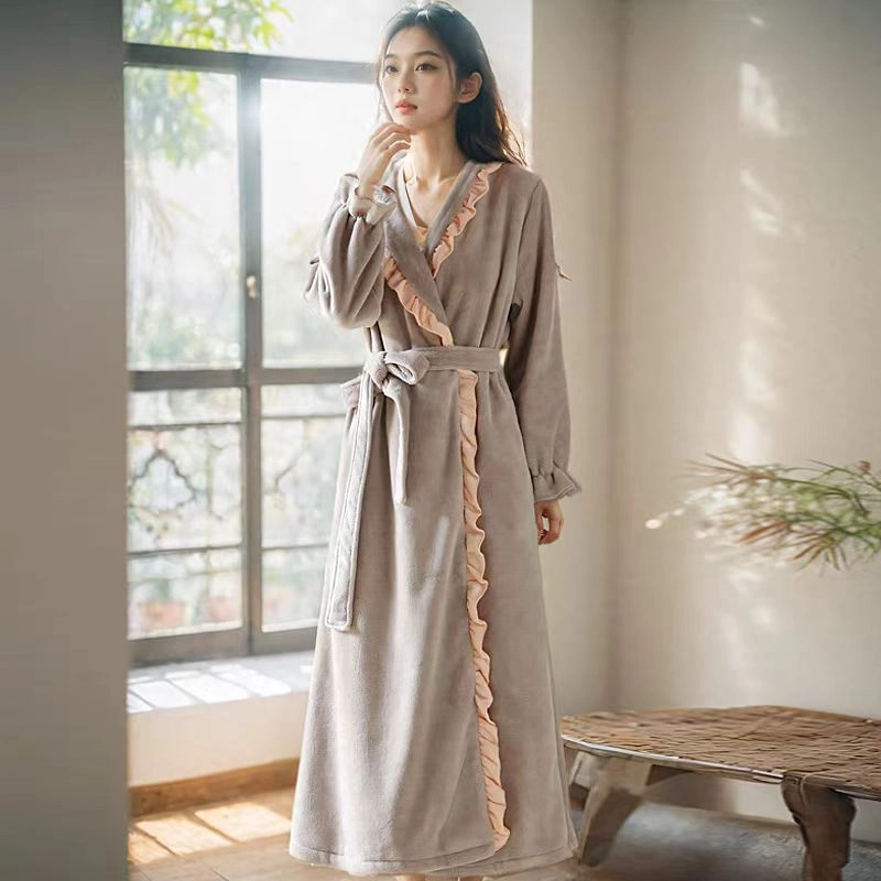 秀黛 宫廷风撞色木耳边拼接长袖家居服可外穿睡袍 女款