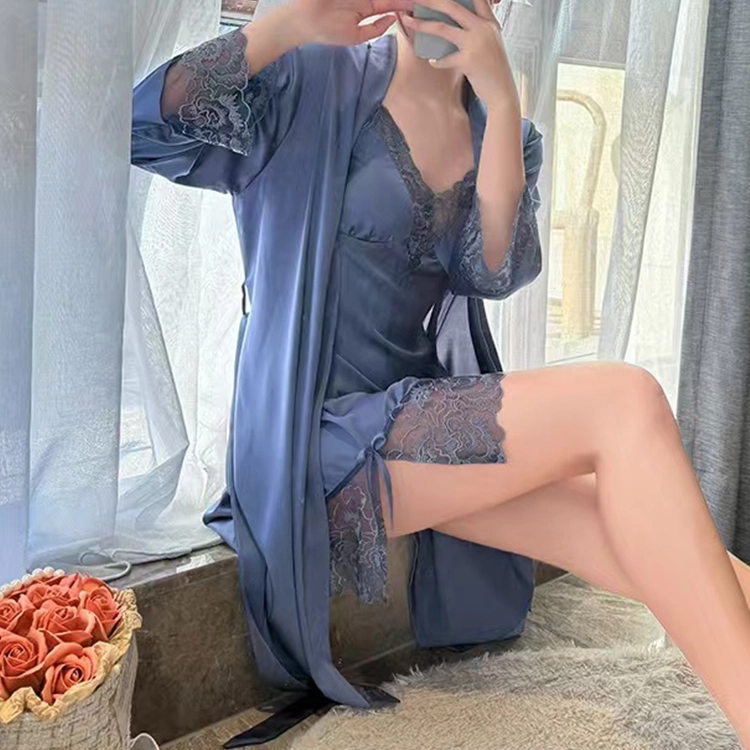 秀黛 性感蕾丝开叉吊带裙可外穿睡袍春秋睡衣套装 女款