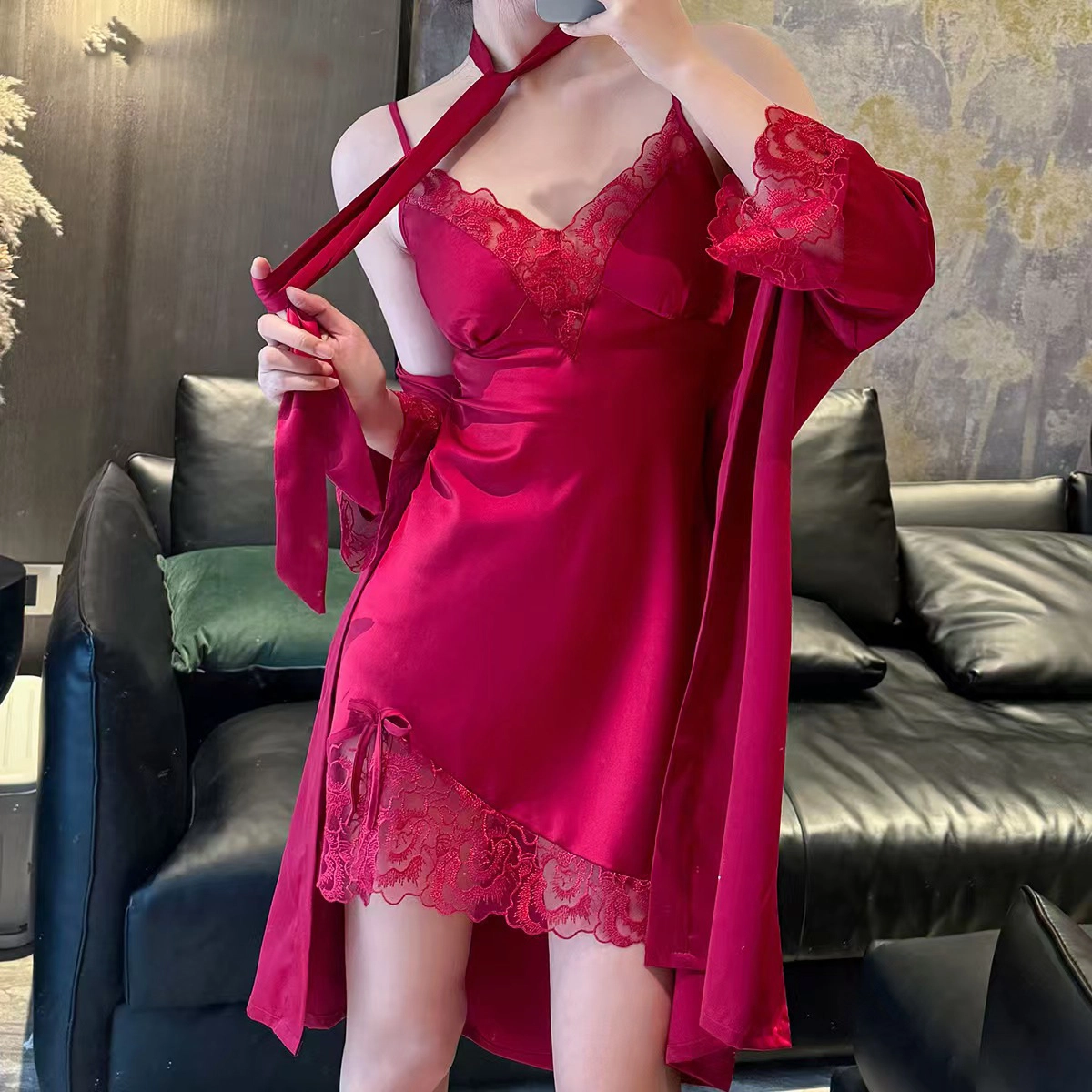 秀黛 性感蕾丝开叉吊带裙可外穿睡袍春秋睡衣套装 女款