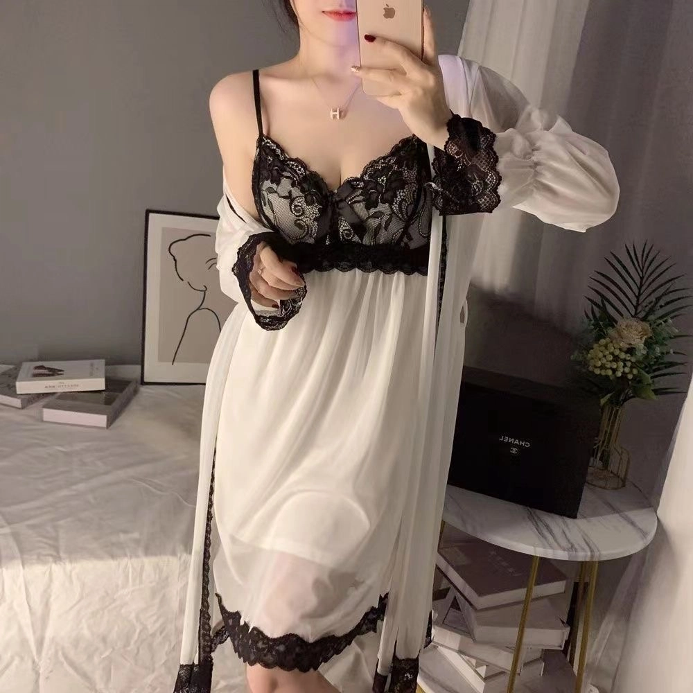 秀黛 纯色拼接蕾丝无袖内搭凉感柔软长袖外搭睡衣套装 女款 白色