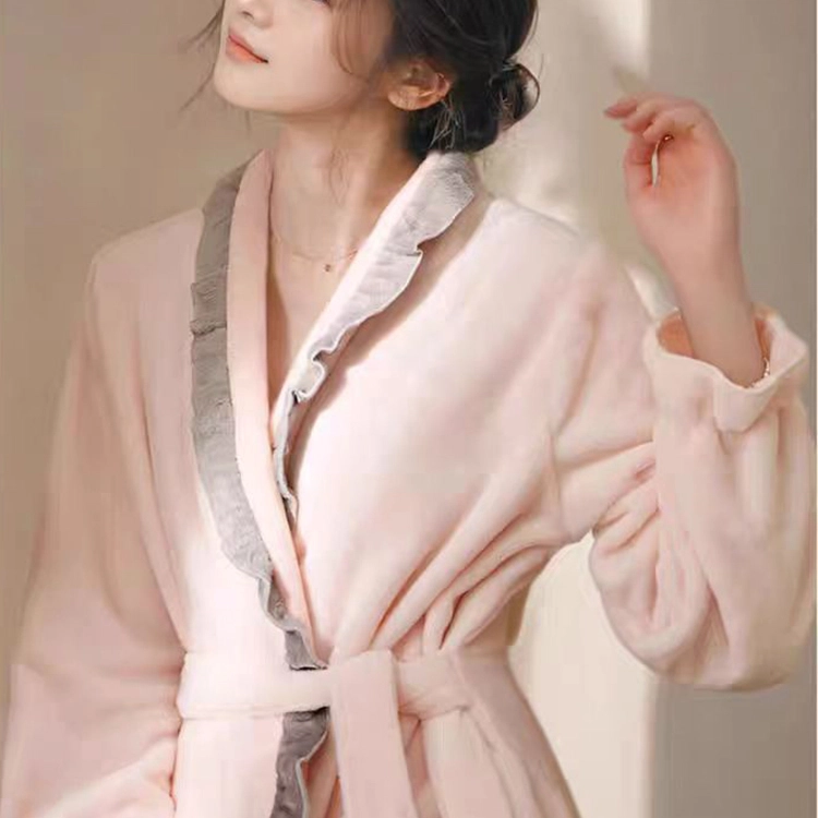 秀黛 宫廷风撞色木耳边拼接长袖家居服可外穿睡袍 女款