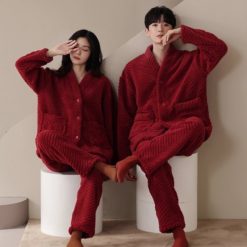 秀黛 珊瑚绒家居服加厚喜庆家居服睡衣套装 女款 红色