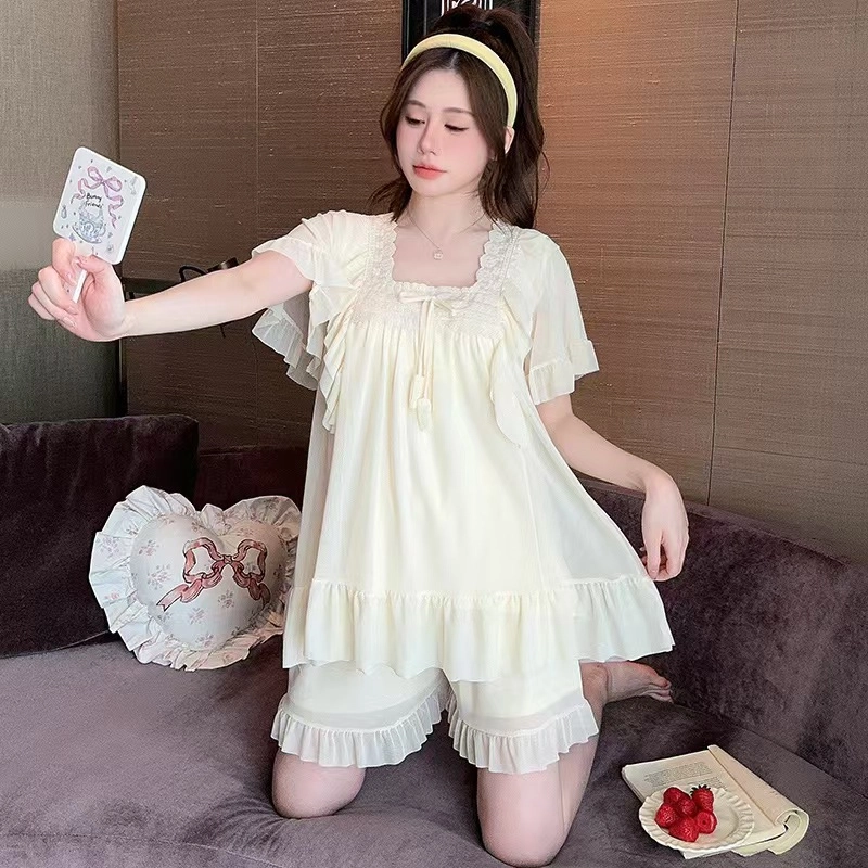 秀黛 大码蕾丝花边网纱拼接方领短袖上衣家居服可外穿透气睡衣套装 女款