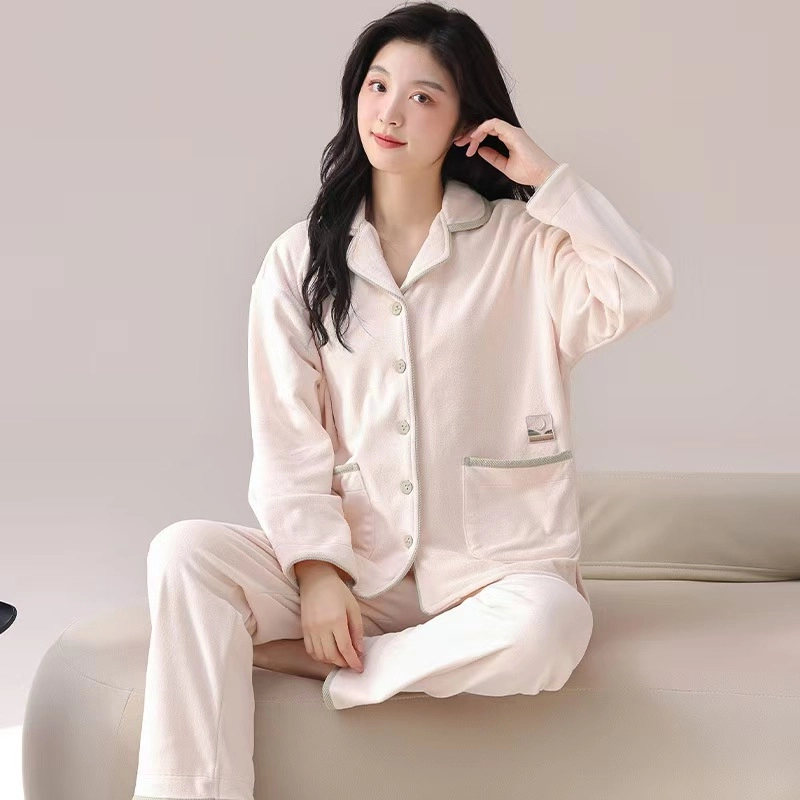 秀黛 简约翻领保暖家居服可外穿纯色睡衣套装 女款