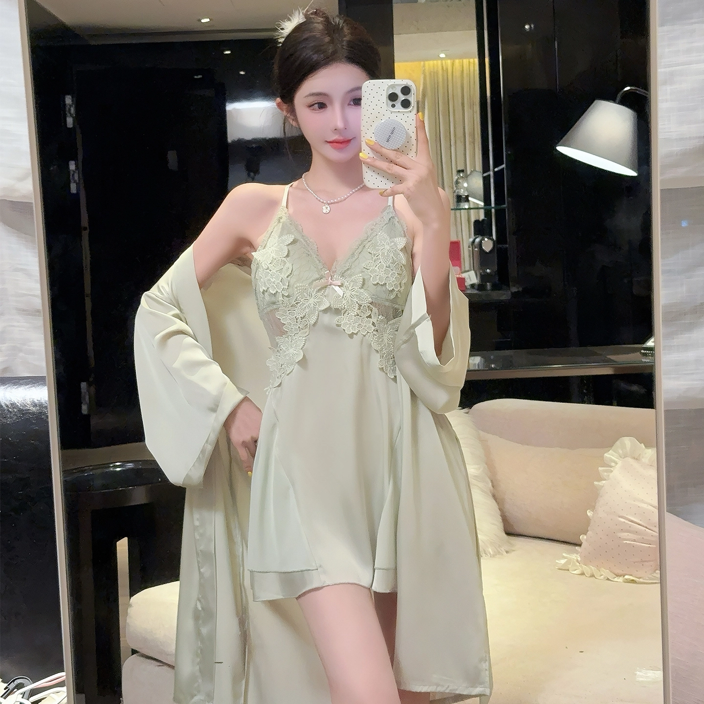 秀黛 性感睡衣女冰丝夏季吊带胸垫美背蕾丝水溶花轻奢纯欲风家居服睡裙 女款