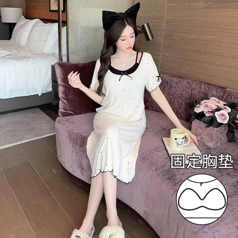 秀黛 韩系时尚舒适百搭甜美可爱波点纯欲风带胸垫一体睡裙 女款