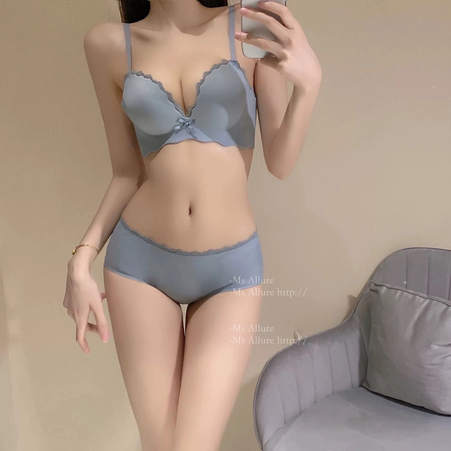 秀黛 韩系甜美一片式无痕聚拢显大无钢圈蕾丝内衣裤套装 女款
