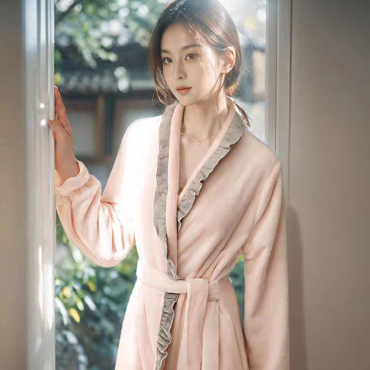 秀黛 宫廷风撞色木耳边拼接长袖家居服可外穿睡袍 女款