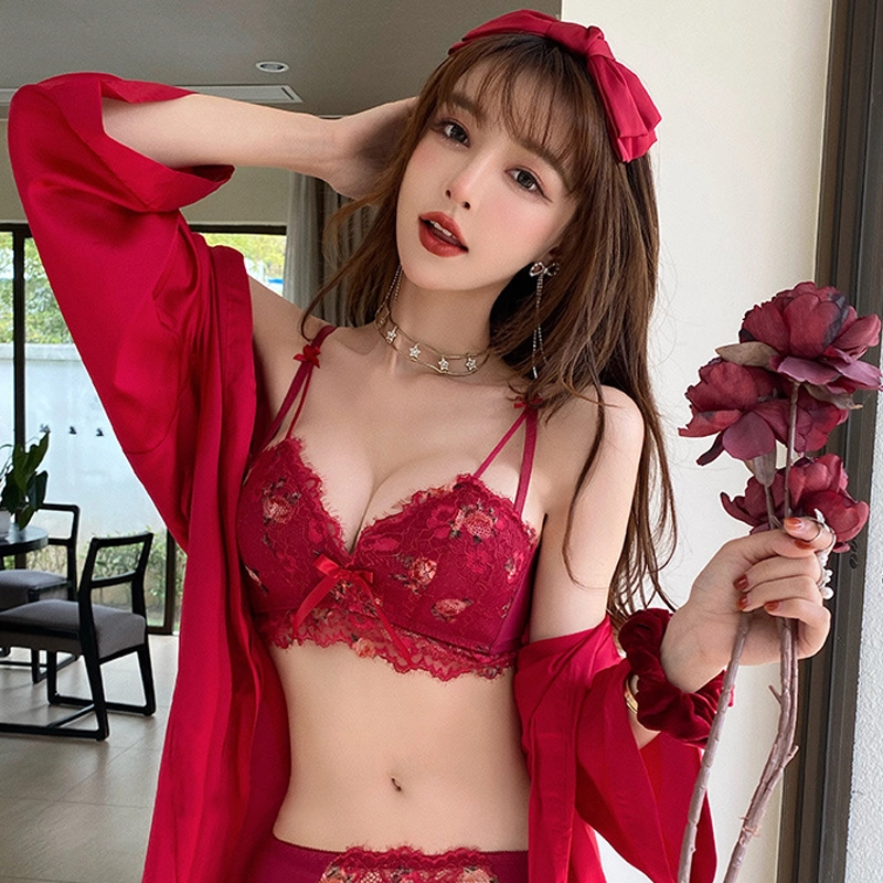 秀黛 性感舒适抑菌内裤蕾丝花边刺绣蝴蝶结小胸聚拢显大收副乳内衣裤套装 女款