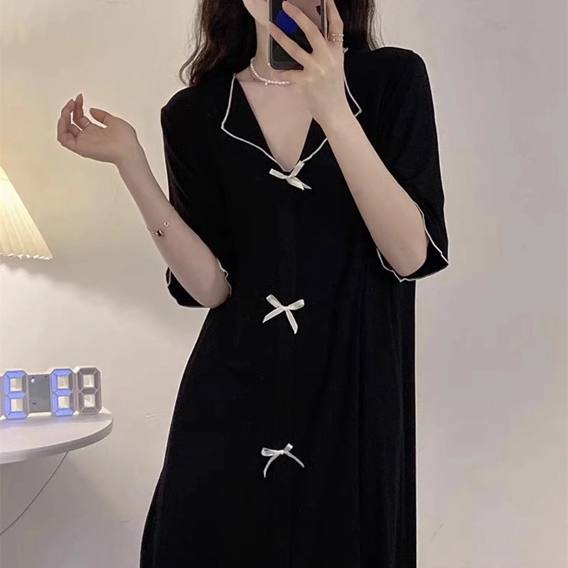 秀黛 韩系时尚舒适薄款纯色过膝带胸垫凉感短袖睡衣家居服睡裙 女款
