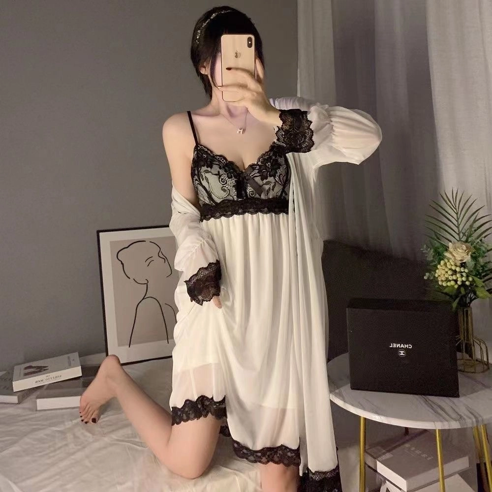 秀黛 纯色拼接蕾丝无袖内搭凉感柔软长袖外搭睡衣套装 女款 白色