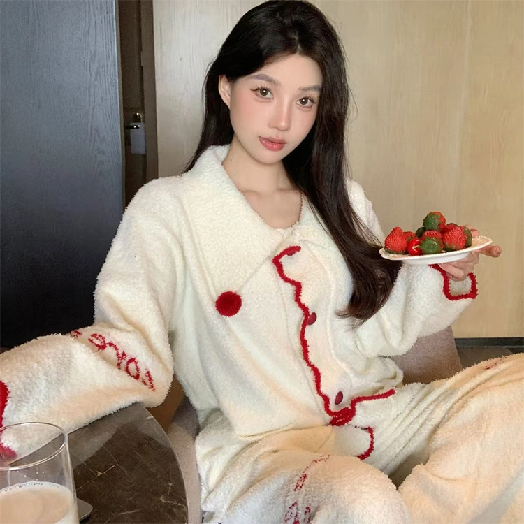 秀黛 韩版可爱半边绒翻领长袖家居服可外穿保暖睡衣套装 女款 白色