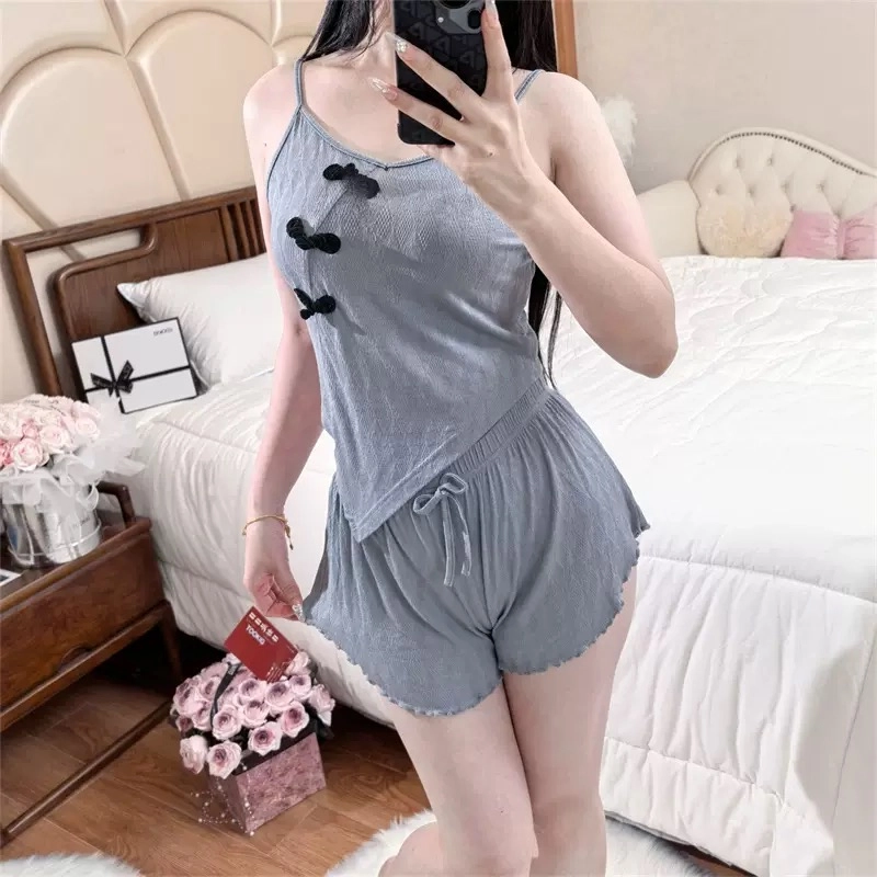秀黛 新中式高级时尚带胸垫吊带短裤甜美国风家居服睡衣套装 女款