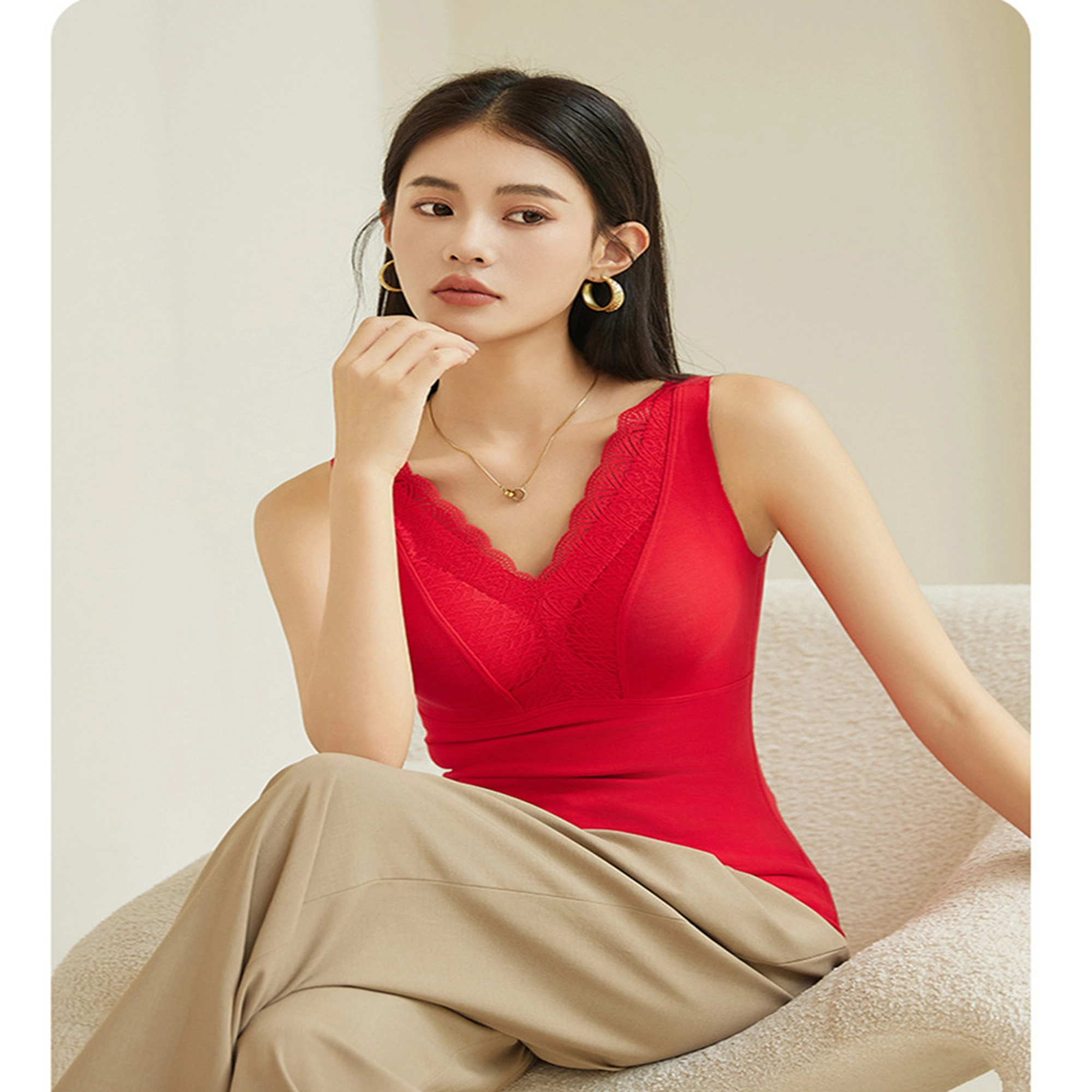 秀黛 羊毛蚕丝背心带胸垫女加厚加绒保暖发热无痕一体式打底衫秋冬内衣 女款