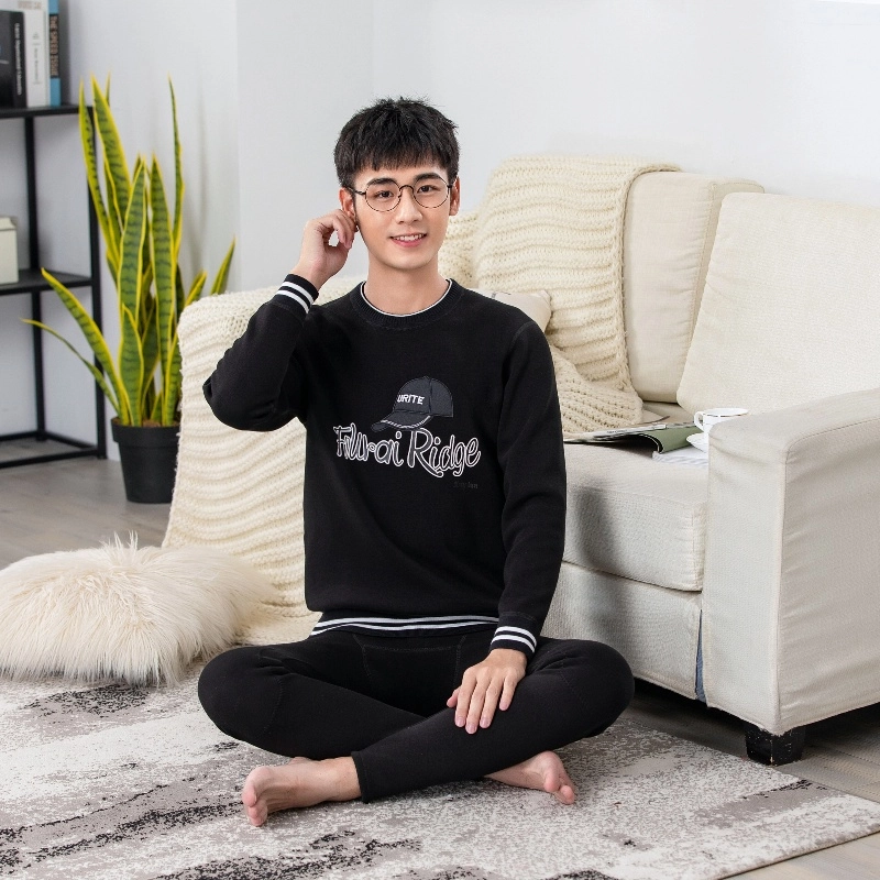 兰缪 加绒加厚青少年纯棉螺纹圆领家居服卫衣个性卡通涂鸦无骨拼接设计不易褪色防刮耐磨蓄热锁温抗寒舒适透气可外穿保暖套装 男款