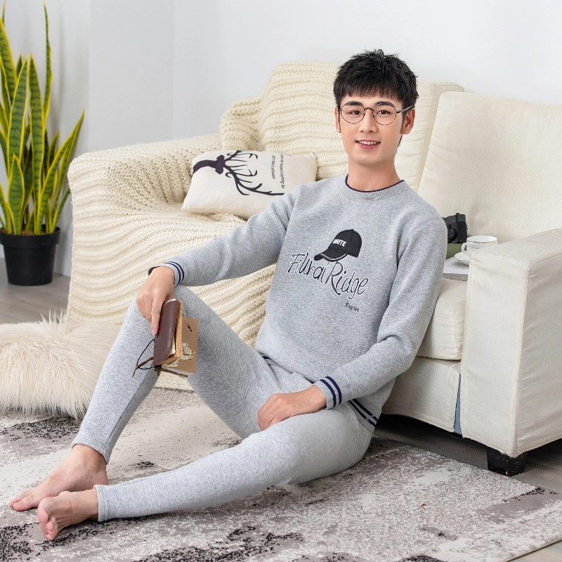 兰缪 加绒加厚青少年纯棉螺纹圆领家居服卫衣个性卡通涂鸦无骨拼接设计不易褪色防刮耐磨蓄热锁温抗寒舒适透气可外穿保暖套装 男款