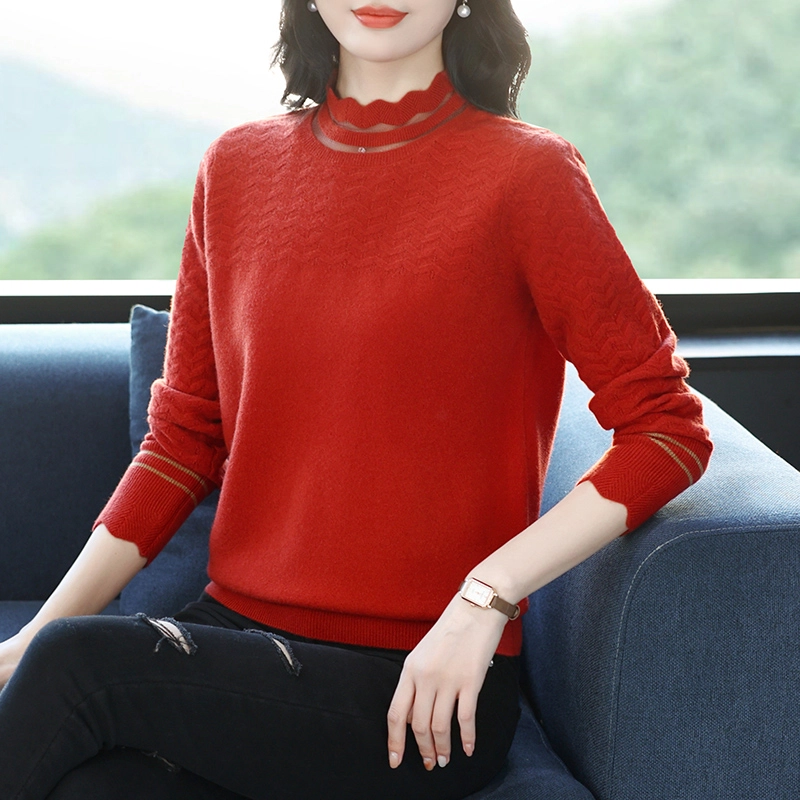 恒源祥 气质百搭显瘦纯色花边半高领羊毛打底针织衫 女款