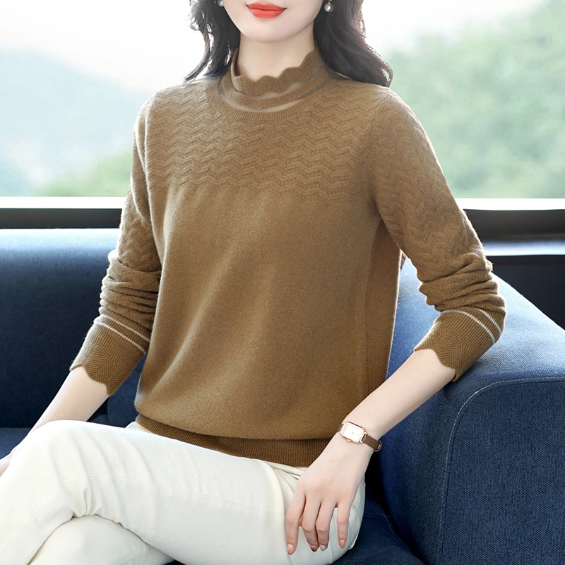 恒源祥 气质百搭显瘦纯色花边半高领羊毛打底针织衫 女款