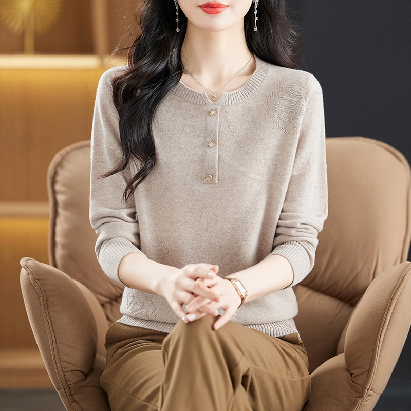 恒源祥 纯色休闲简约百搭减龄圆领羊毛长袖打底针织衫 女款
