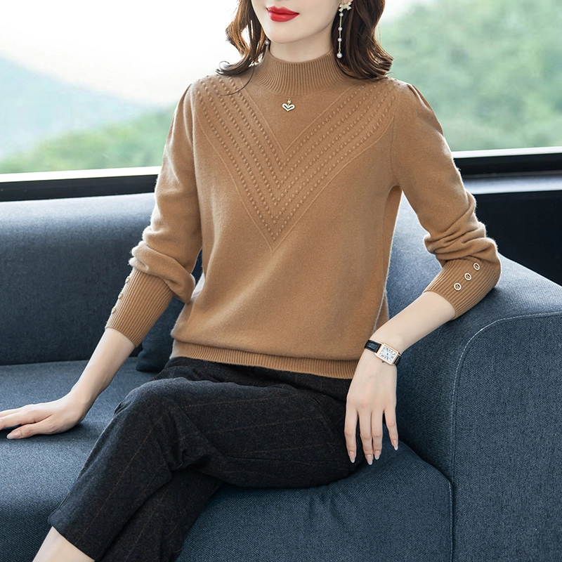 恒源祥 简约时尚百搭半高领纯色套头长袖羊毛针织衫 女款