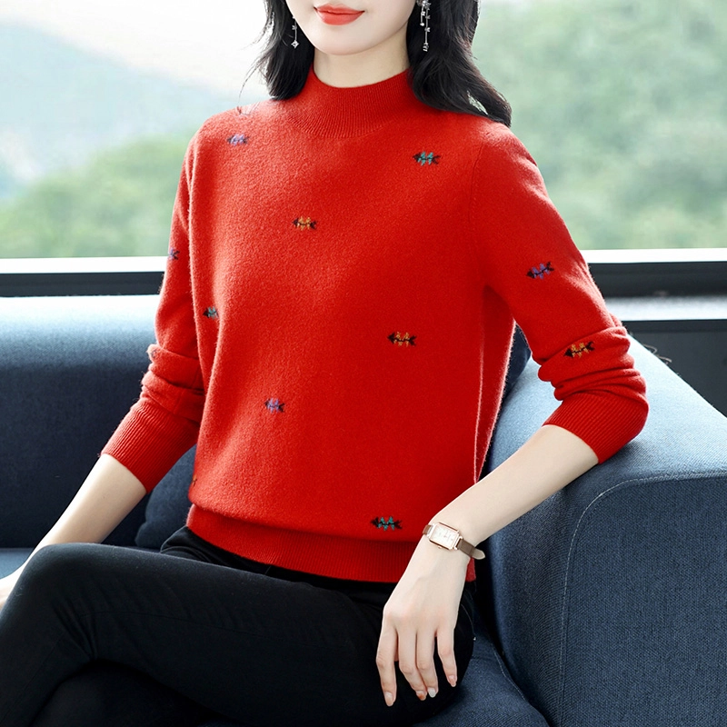 恒源祥 百搭显瘦半高领纯色绣花长袖打底羊毛针织衫 女款