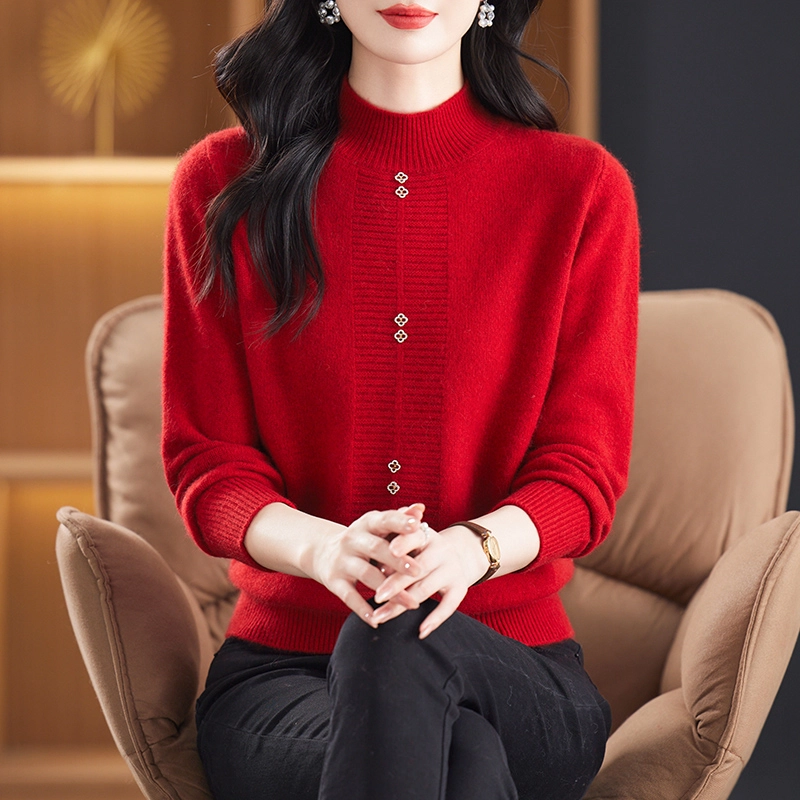 恒源祥 简约时尚亲肤柔软半高领纯色套头羊毛打底针织衫 女款