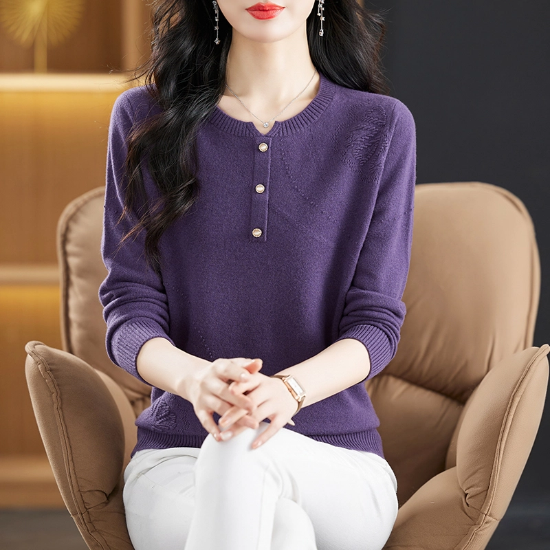恒源祥 纯色休闲简约百搭减龄圆领羊毛长袖打底针织衫 女款